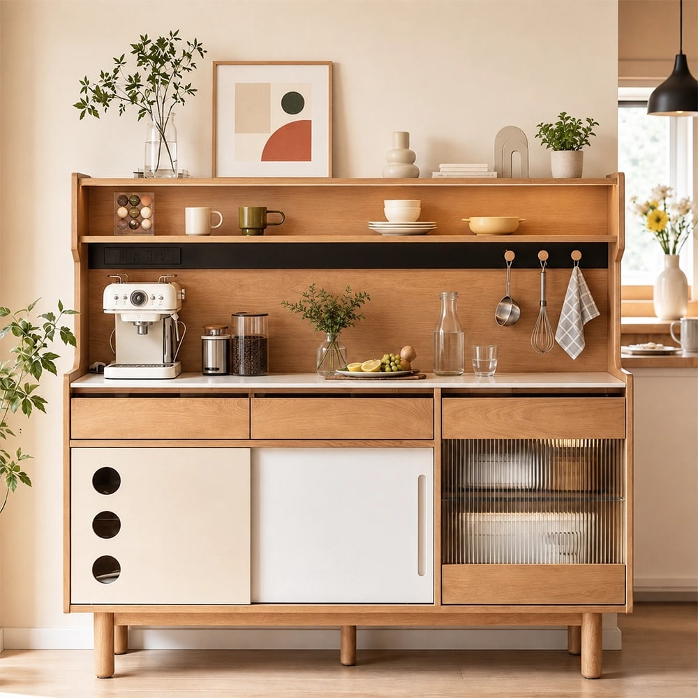 47.2" Scandinavian Sintered Stone and Solid Wood Coffee Cabinet with Open Shelf main product image