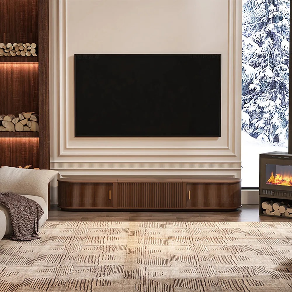Curved Walnut Retractable TV Cabinet lifestyle 2