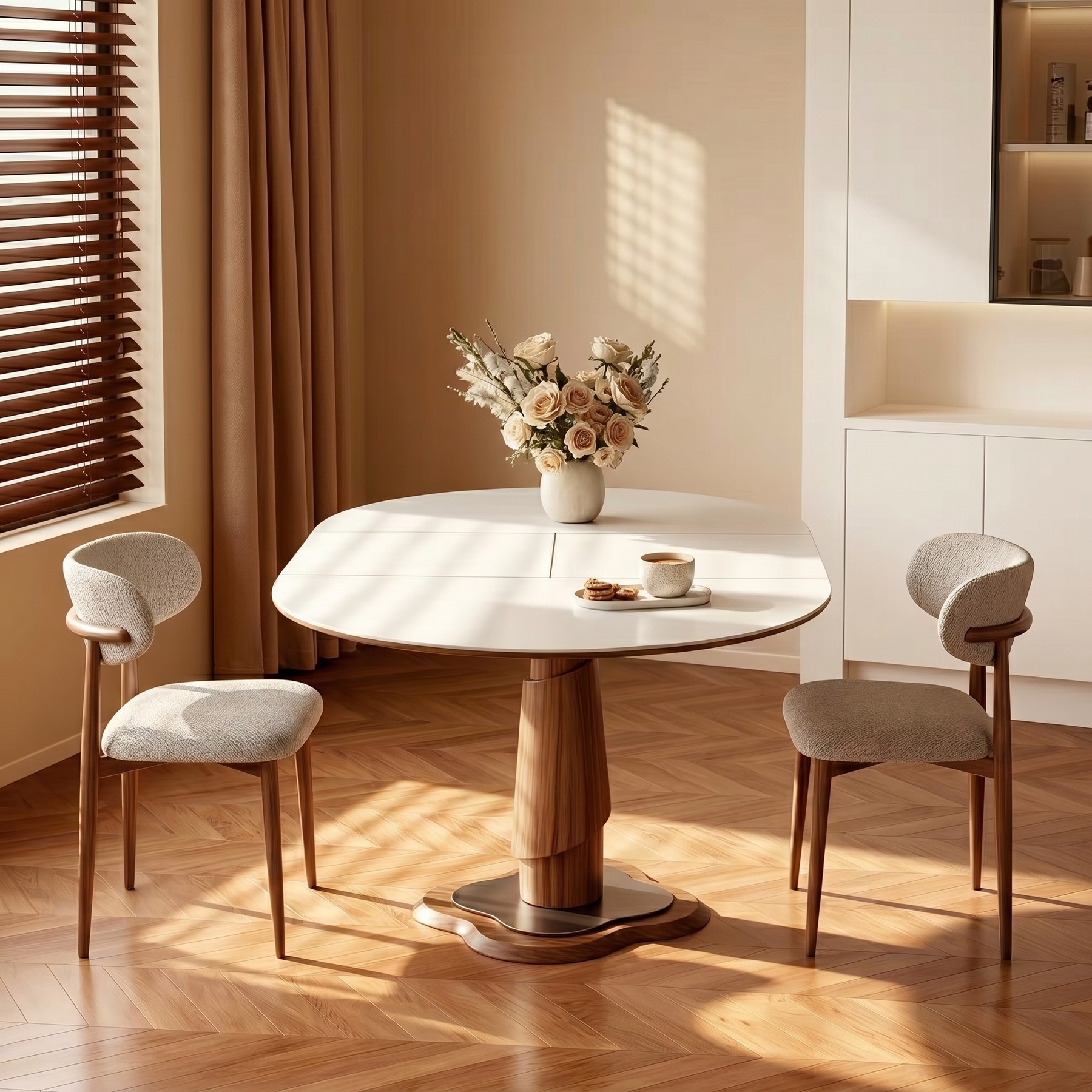 Wabi-Sabi Style Oval Extendable Solid Wood & Sintered Stone Dining Table with Storage lifestyle 3