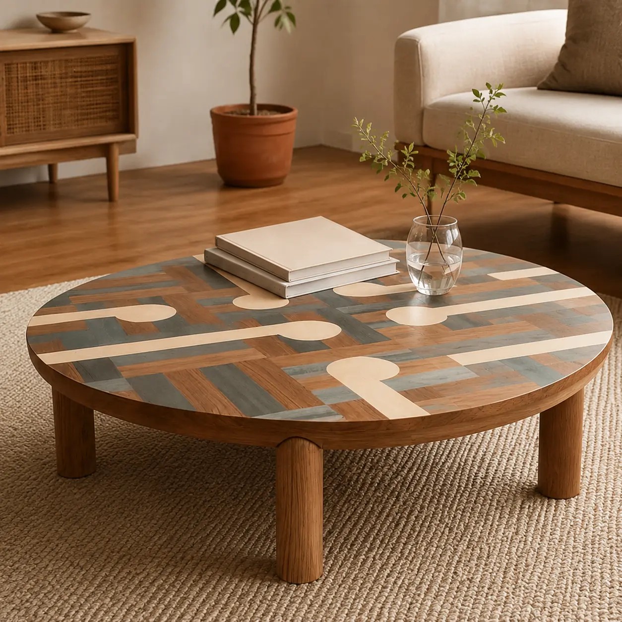 Wood Inlay Round Coffee Table lifestyle 2