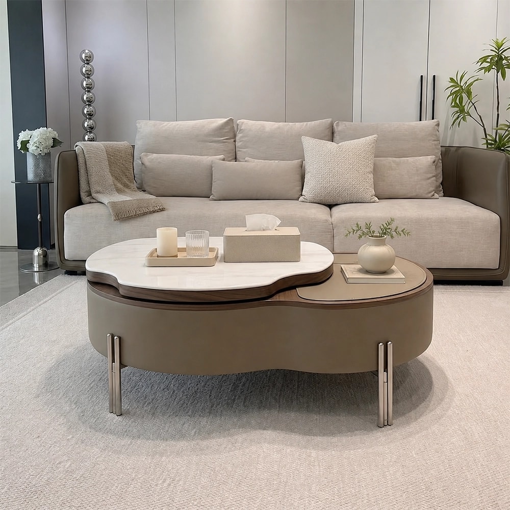 Minimalist Khaki Faux Leather Lift-Top Rotating Coffee Table lifestyle 2