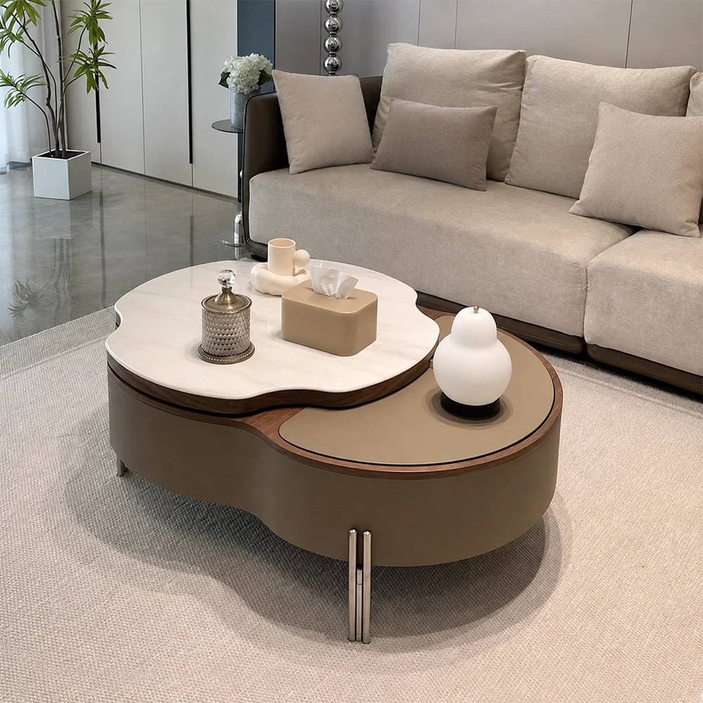 Minimalist Khaki Faux Leather Lift-Top Rotating Coffee Table lifestyle 3