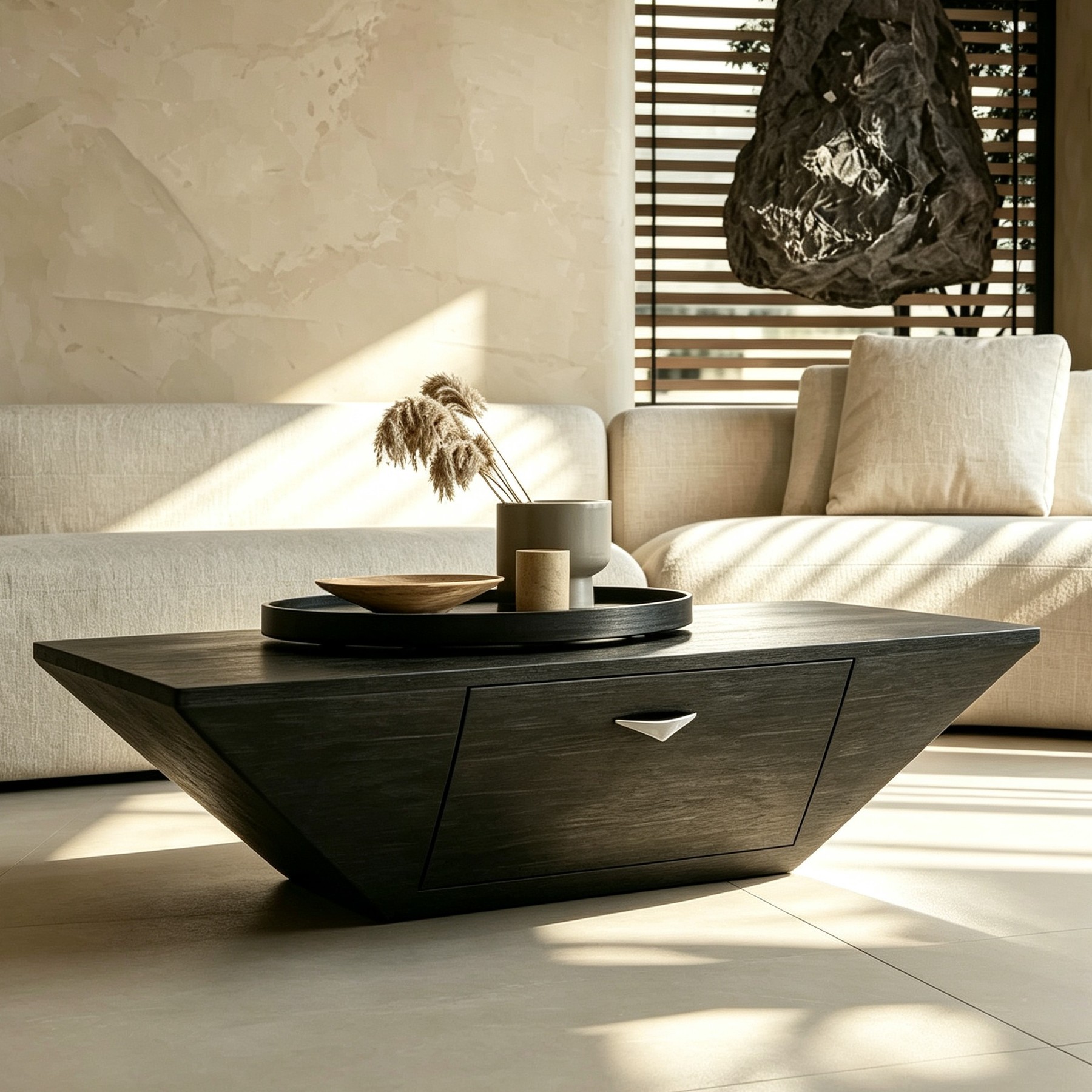 Minimalist Geometric Smoked Wood Coffee Table with Drawers lifestyle 3