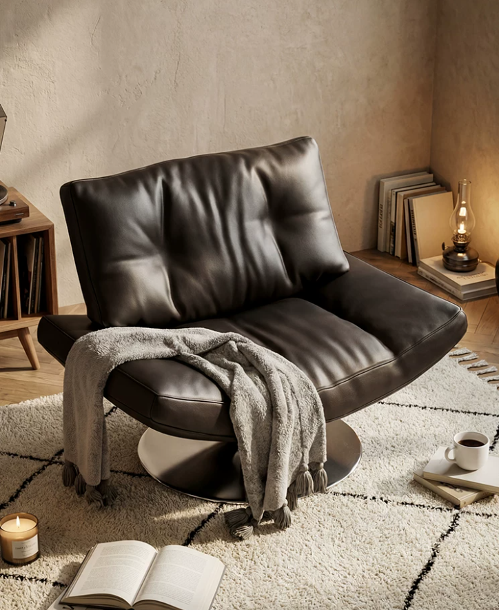 Minimalist Italian Leather Swivel Armchair lifestyle 2