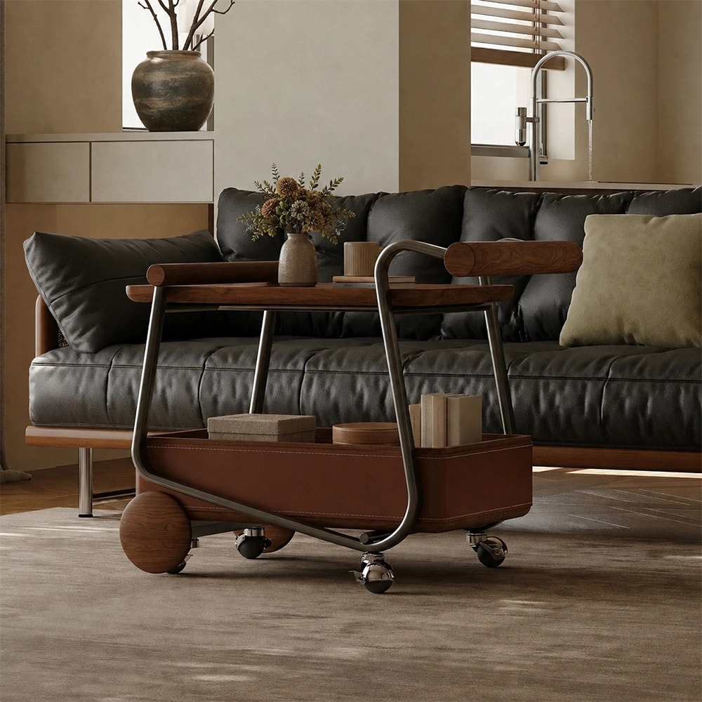 Walnut Saddle Leather Rolling Cart lifestyle 3