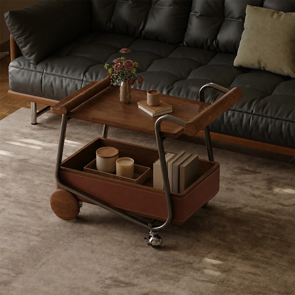 Walnut Saddle Leather Rolling Cart lifestyle 2