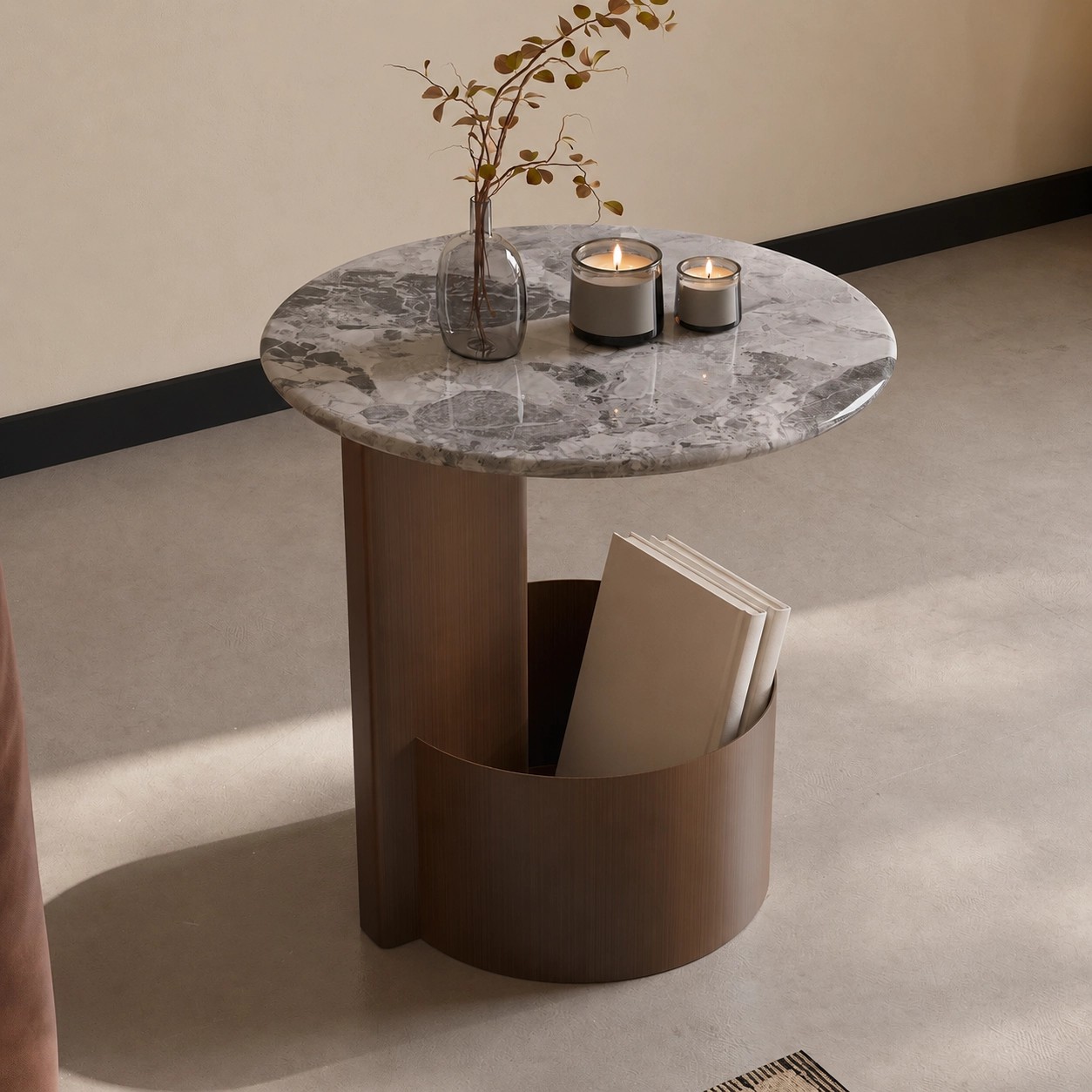 Round Mobile Stone Top Side Table lifestyle 3