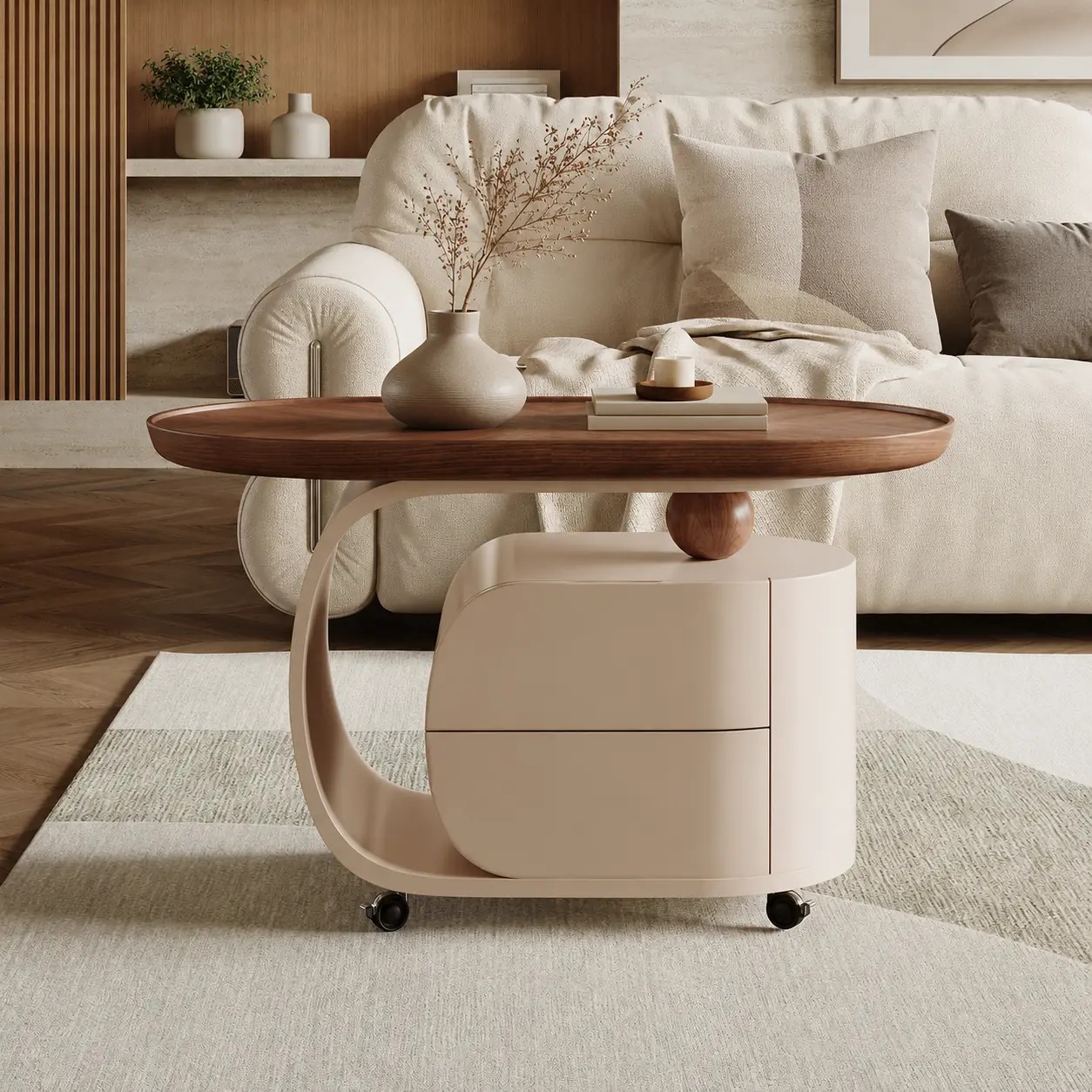 Oval Walnut Rolling End Table lifestyle 2
