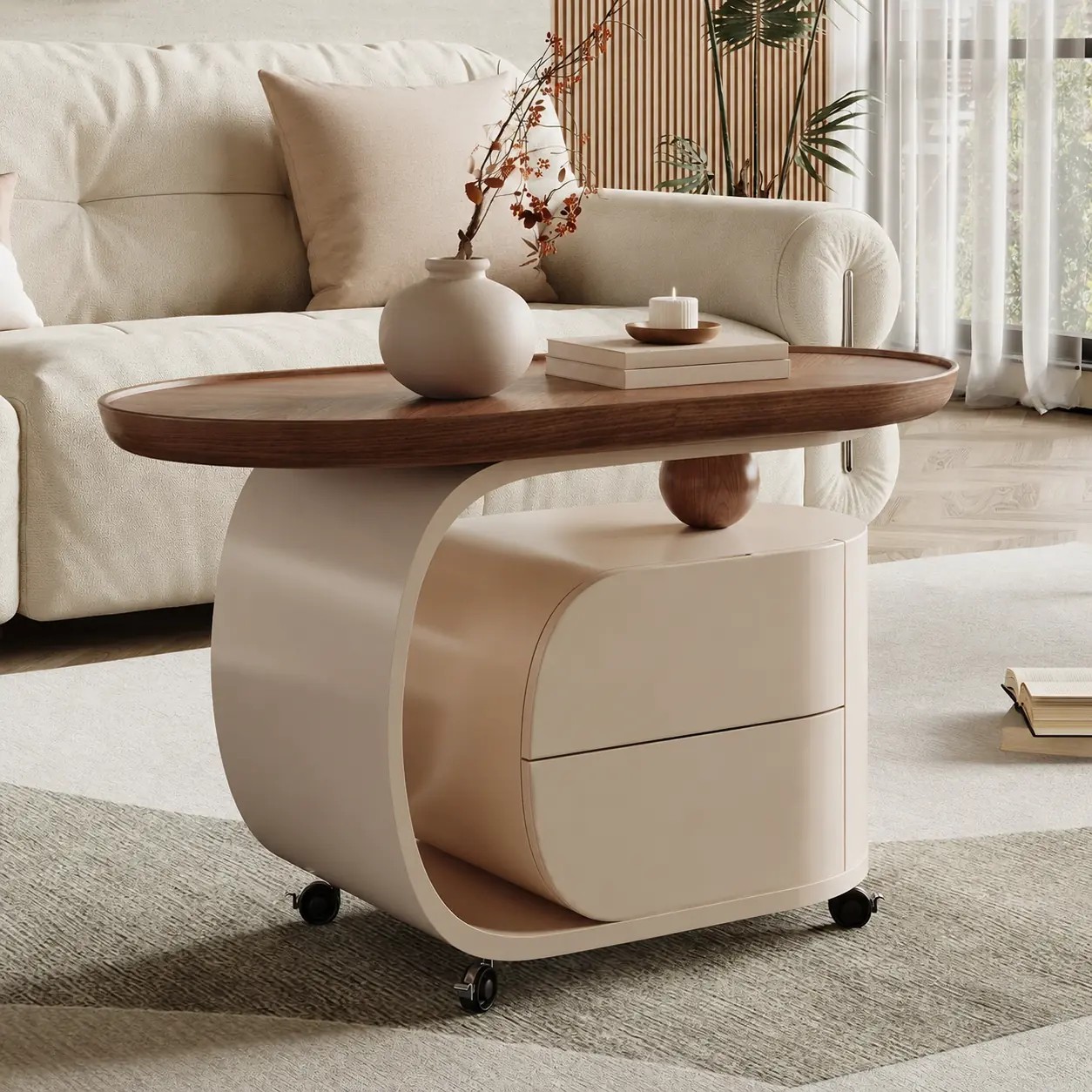 Oval Walnut Rolling End Table lifestyle 3
