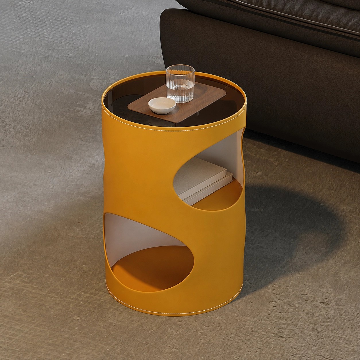 Saddle Leather Cylindrical Side Table lifestyle 3