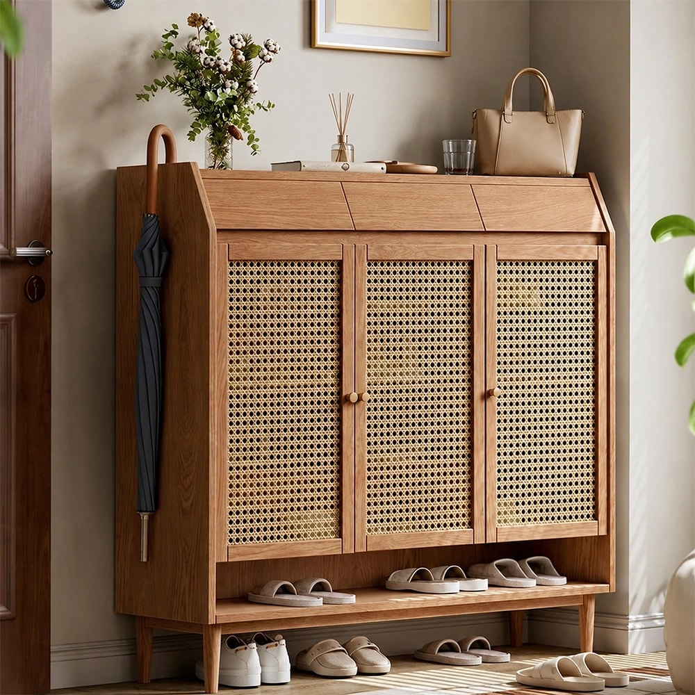 Solid Oak Rattan Shoe Cabinet lifestyle 3