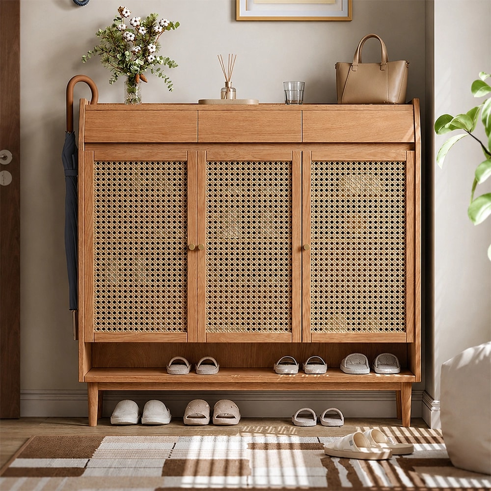Solid Oak Rattan Shoe Cabinet lifestyle 2