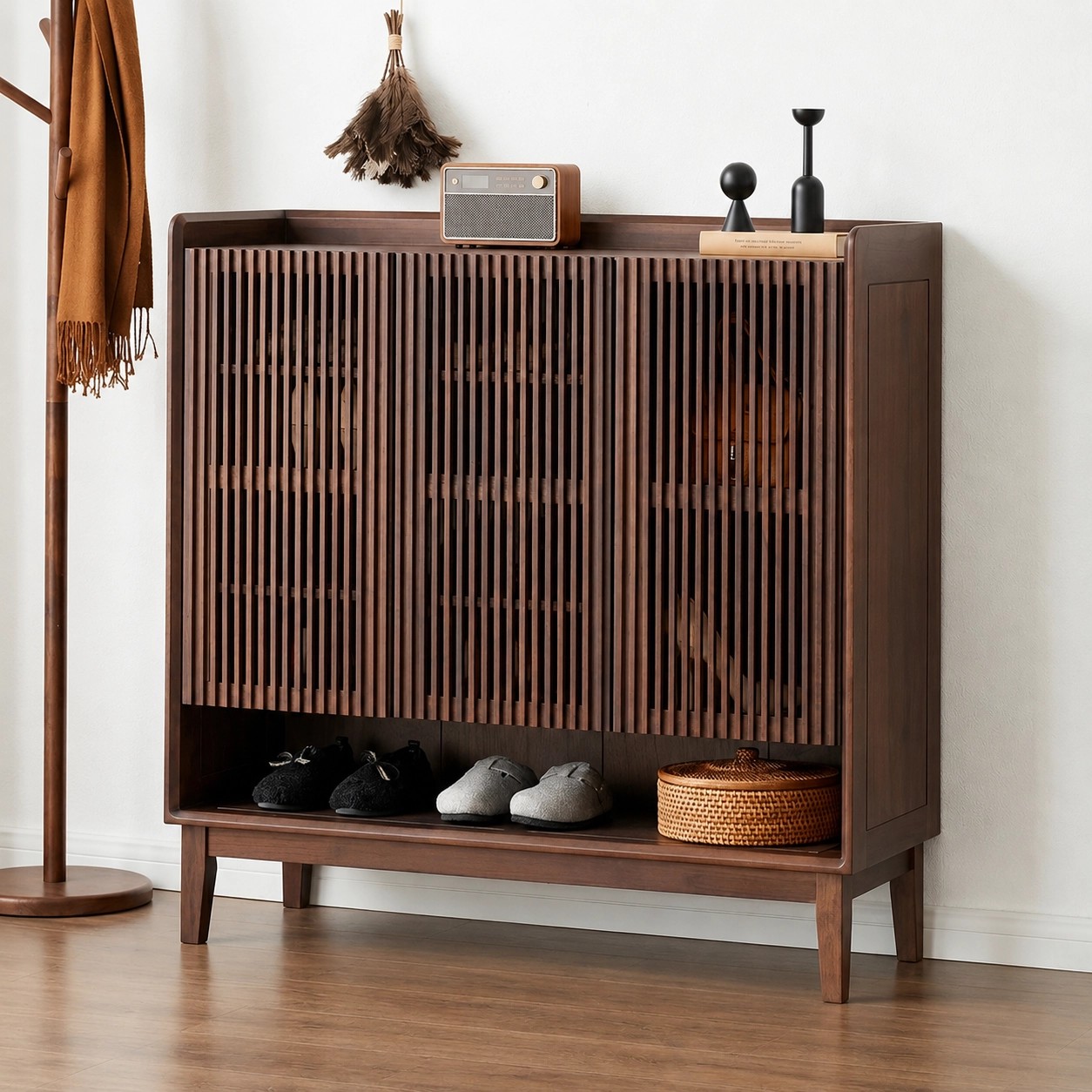 Black Walnut Slatted Shoe Cabinet lifestyle 3