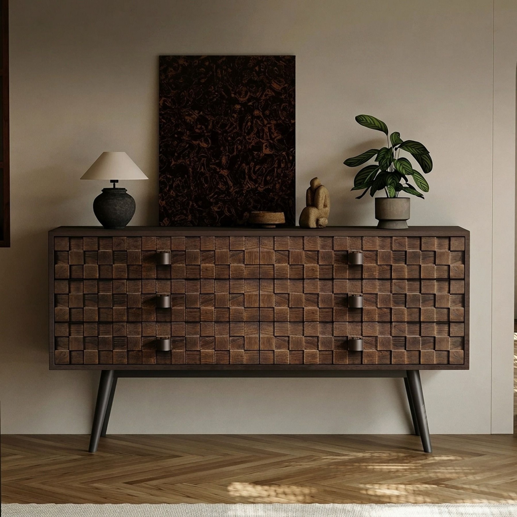 Vintage Oak Sideboard, Geometric Drawers lifestyle 3