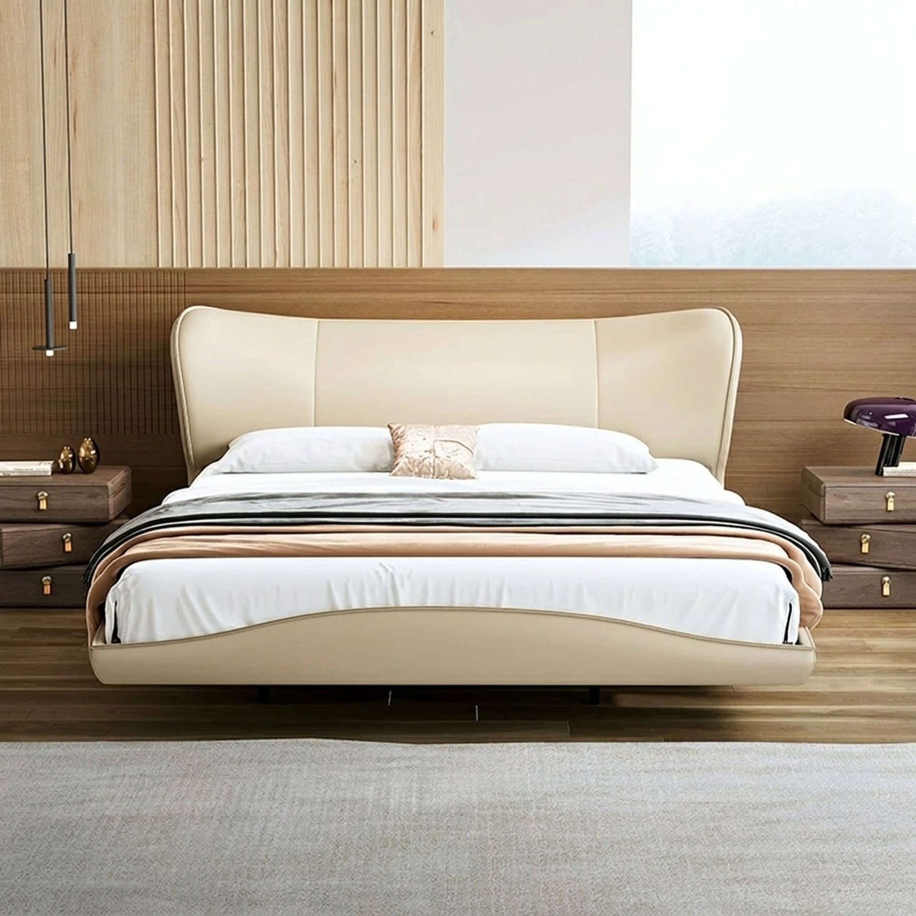 Creamy Floating Leather Upholstered Bed lifestyle 2