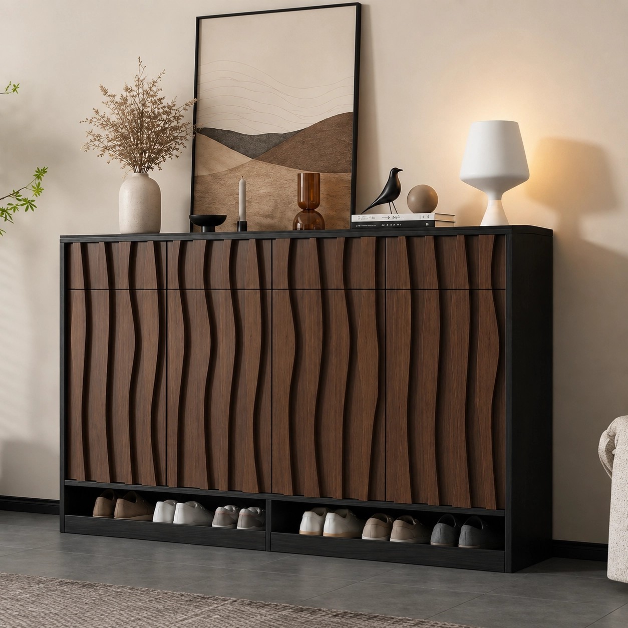Solid Wood Shoe Cabinet with Wave Facade lifestyle 3