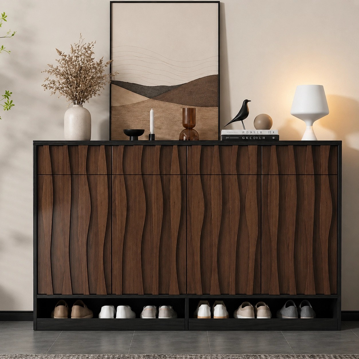Solid Wood Shoe Cabinet with Wave Facade lifestyle 2