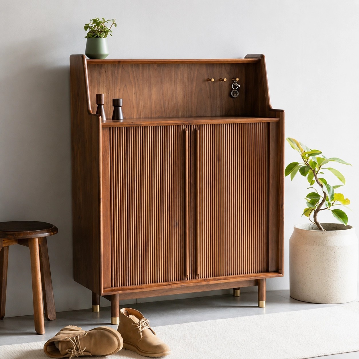 Slatted Black Walnut Shoe Cabinet lifestyle 3
