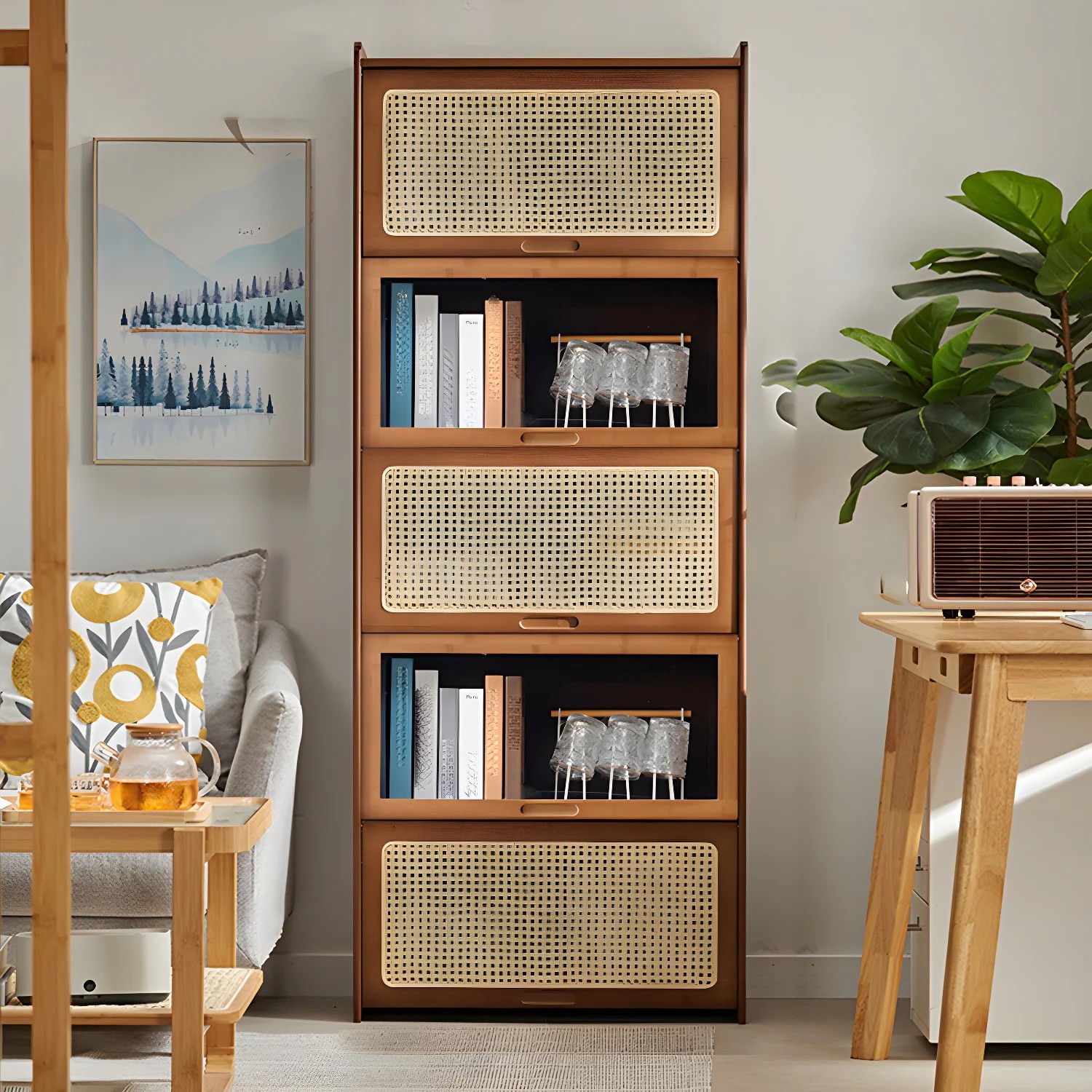 Modern Accent Cabinet with Rattan Doors lifestyle 1
