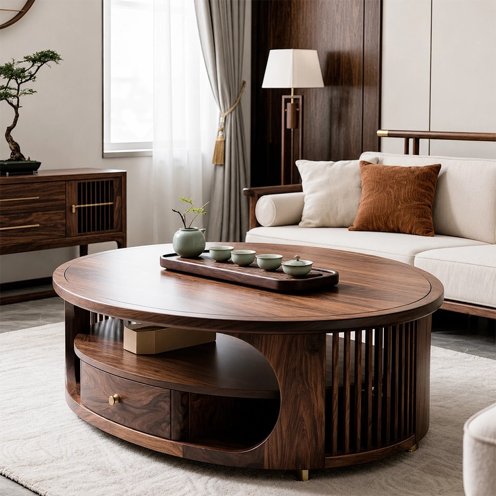 Zen-Inspired Solid Black Walnut Oval Coffee Table with Storage lifestyle 3