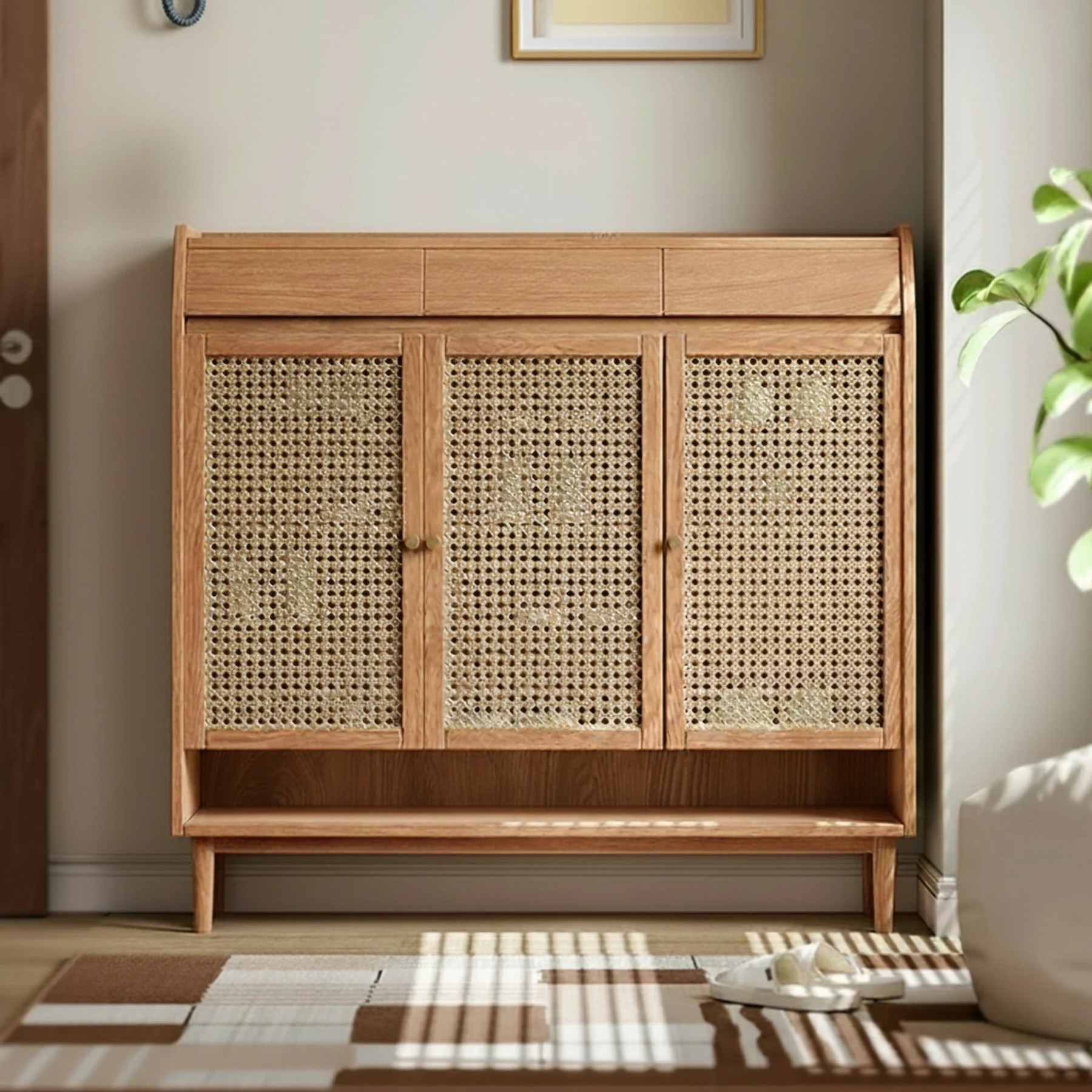 Solid Oak Rattan Shoe Cabinet lifestyle 1