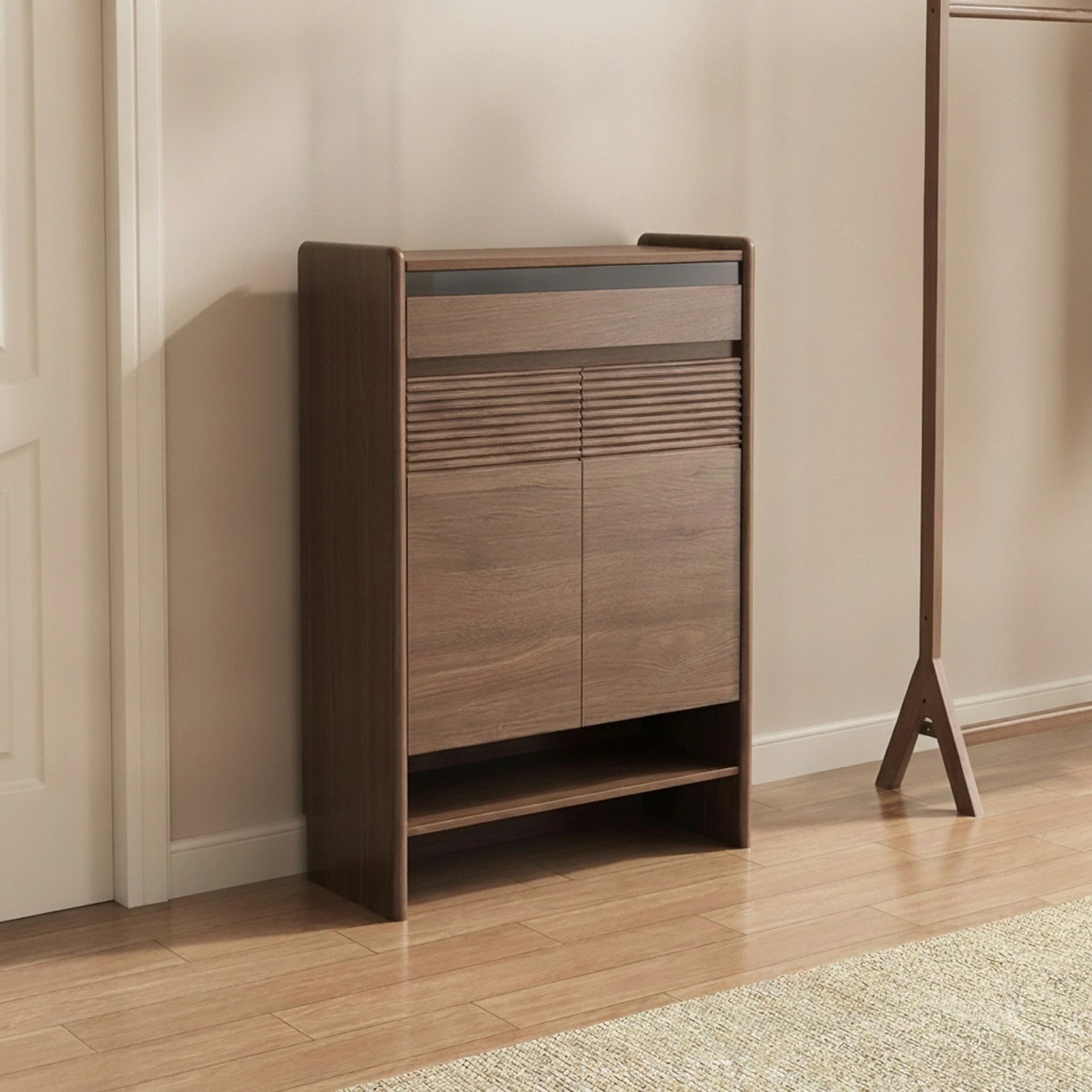 Walnut Narrow Entryway Shoe Cabinet lifestyle 1