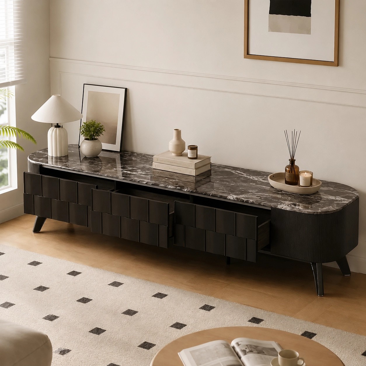 Black Stone Top TV Stand lifestyle 2