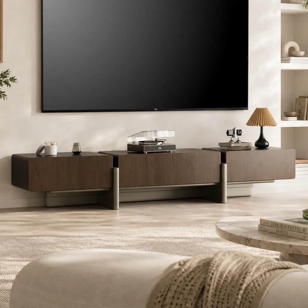 Walnut Minimalist TV Stand with Storage lifestyle 3