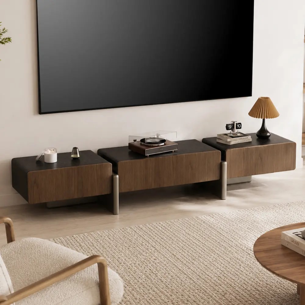 Walnut Minimalist TV Stand with Storage lifestyle 2