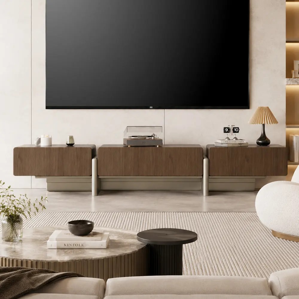 Walnut Minimalist TV Stand with Storage lifestyle 1