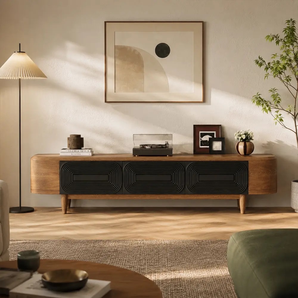 Solid Wood Wave Pattern TV Cabinet lifestyle 1