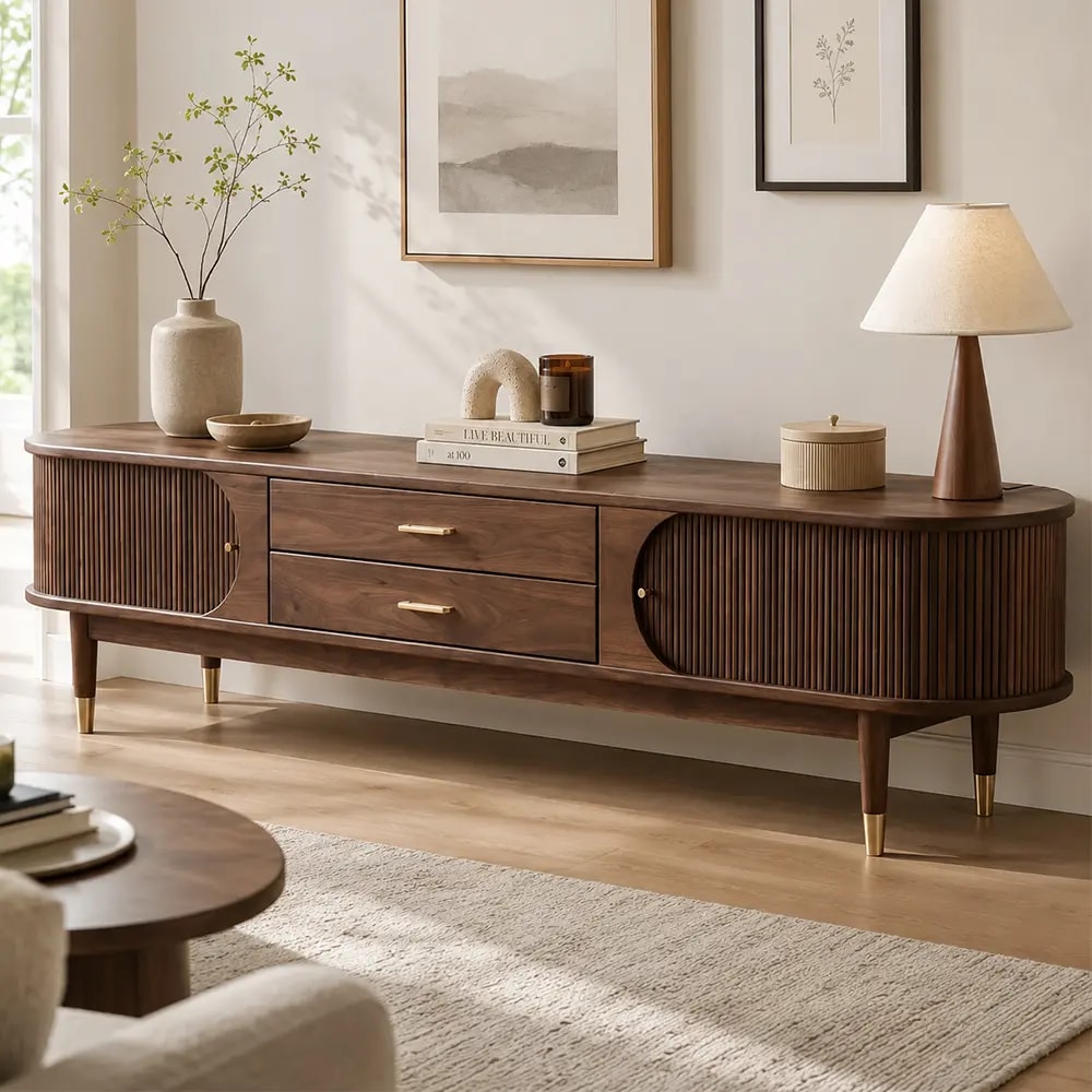 Walnut Media Console with Curtain Doors lifestyle 2