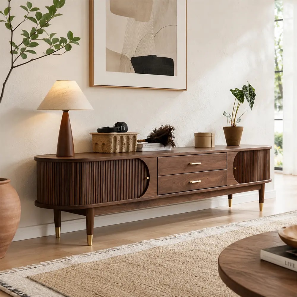 Walnut Media Console with Curtain Doors lifestyle 3