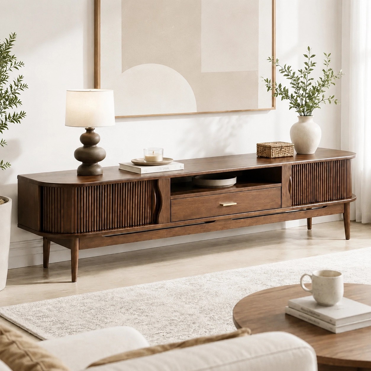 Solid Walnut Sliding Door TV Console lifestyle 2