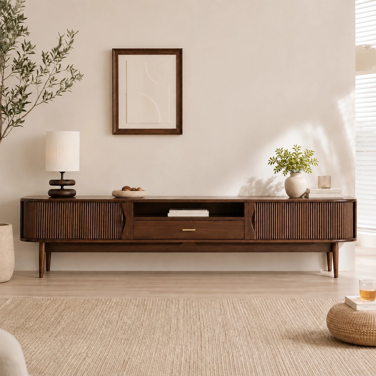 Solid Walnut Sliding Door TV Console lifestyle 1