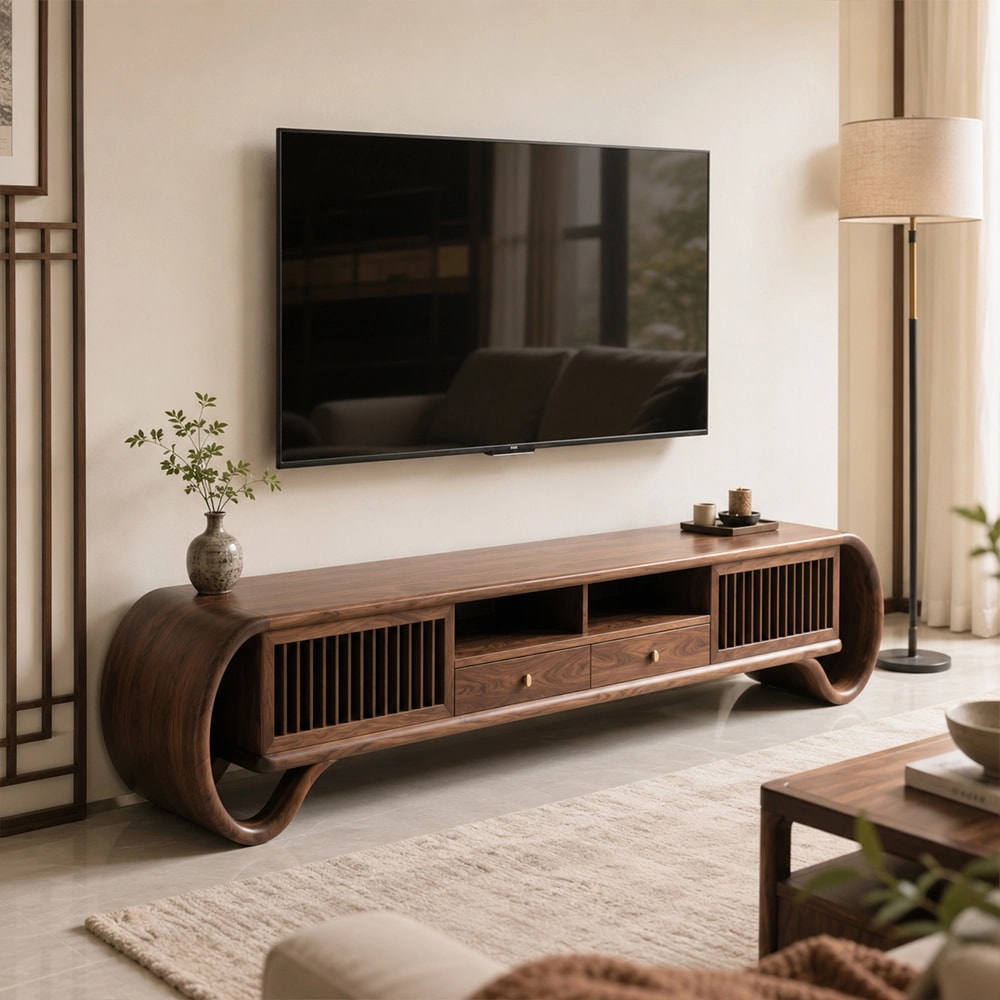Black Walnut TV Stand with Rounded Edges lifestyle 3