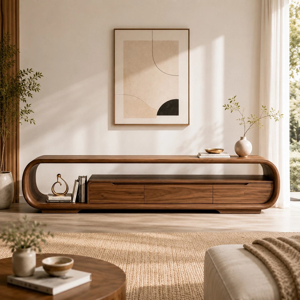 Curved Black Walnut TV Stand lifestyle 1