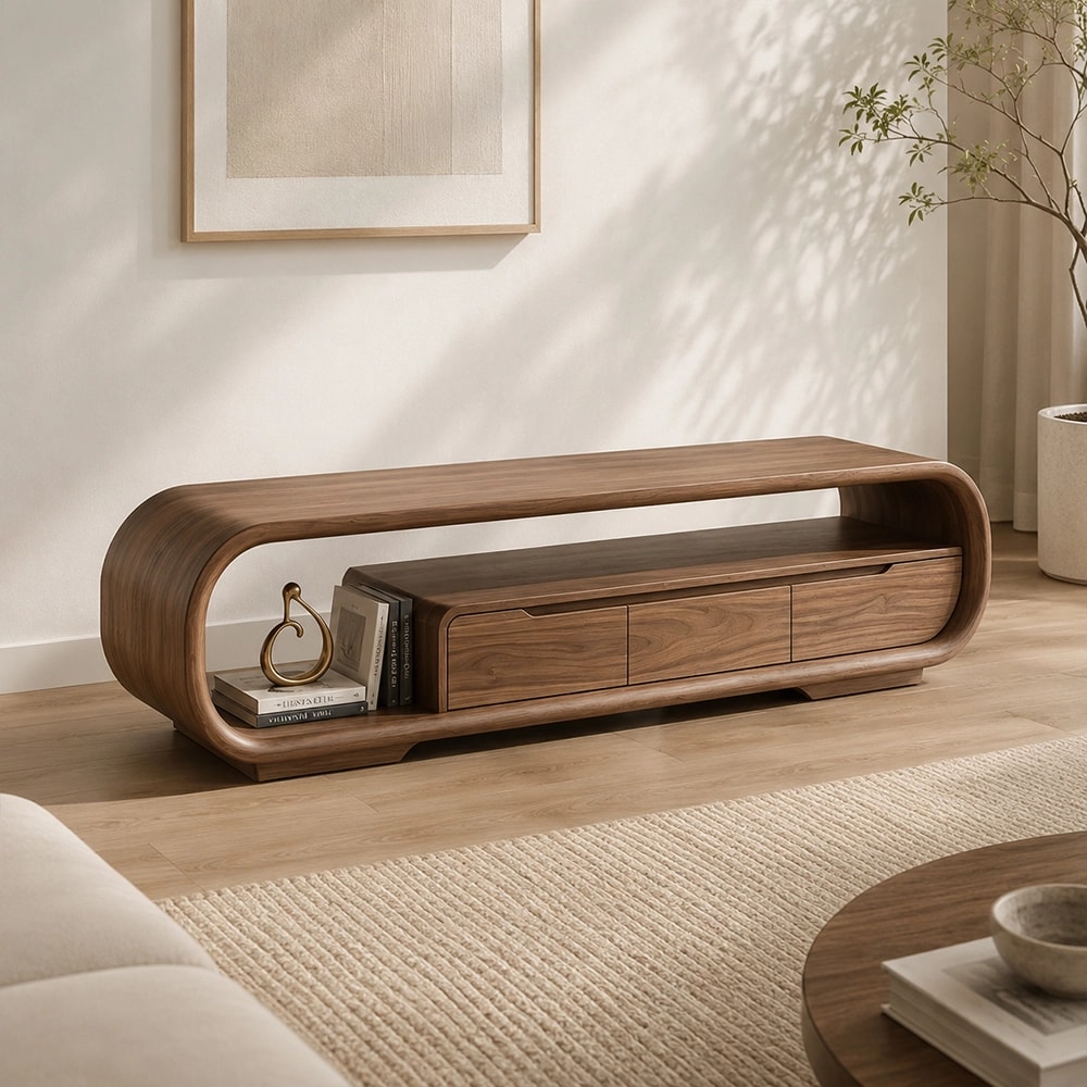Curved Black Walnut TV Stand lifestyle 2