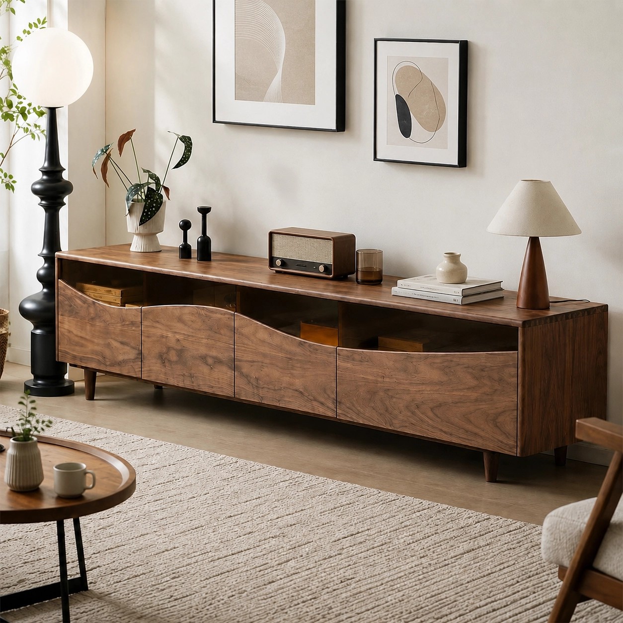 Minimalist Walnut TV Console with Light lifestyle 2