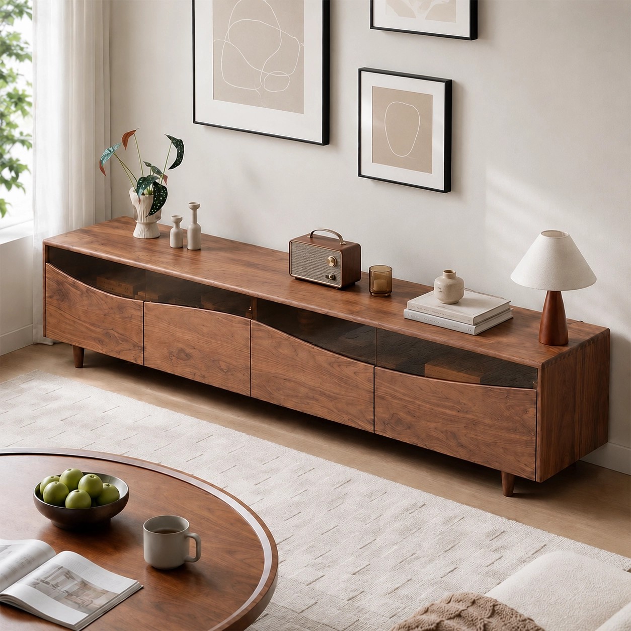 Minimalist Walnut TV Console with Light lifestyle 3