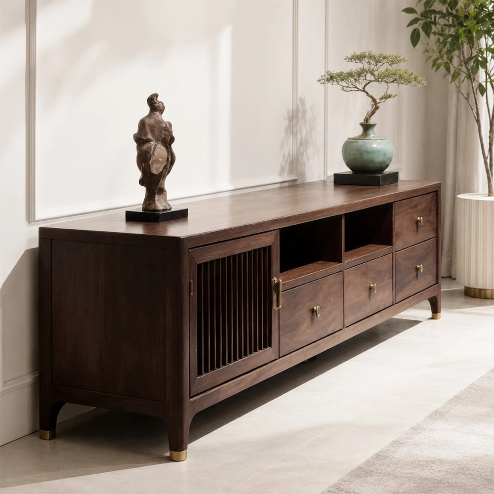 Rounded Black Walnut TV Stand lifestyle 3