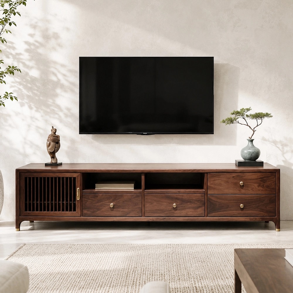 Rounded Black Walnut TV Stand lifestyle 1