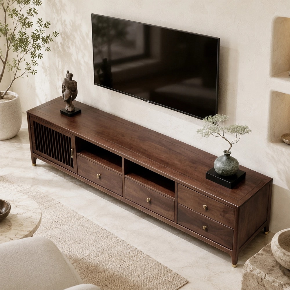 Rounded Black Walnut TV Stand lifestyle 2