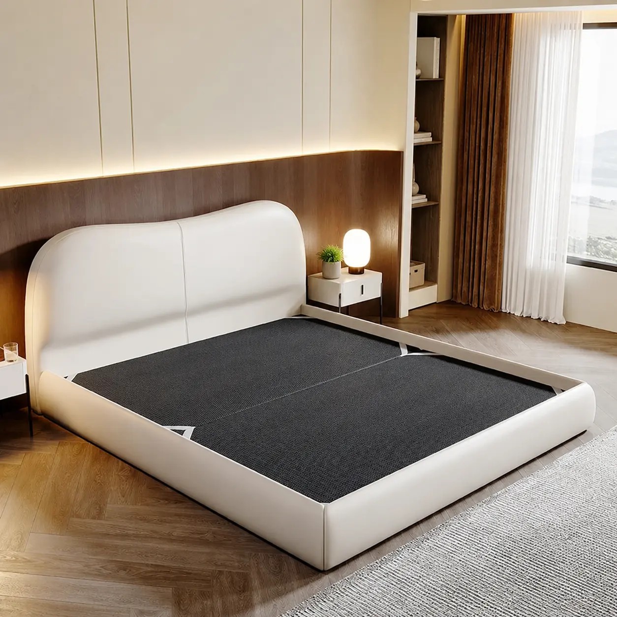 Upholstered Top-Grain Leather Bed lifestyle 1
