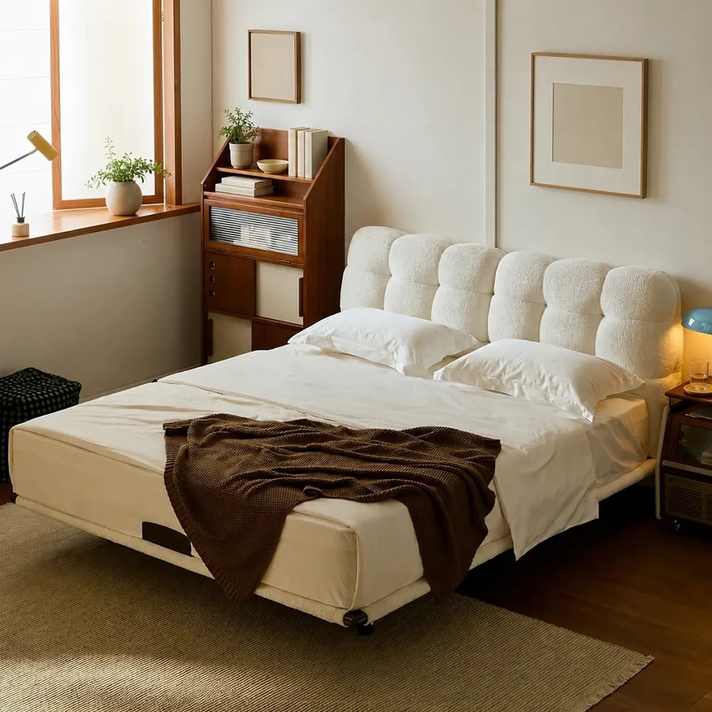 Biscuit Fabric Storage Bed lifestyle 1