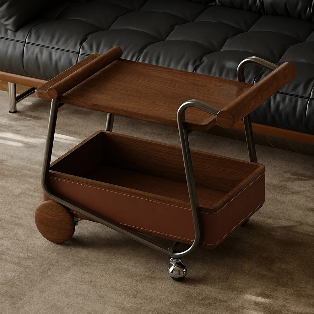 Walnut Saddle Leather Rolling Cart lifestyle 1