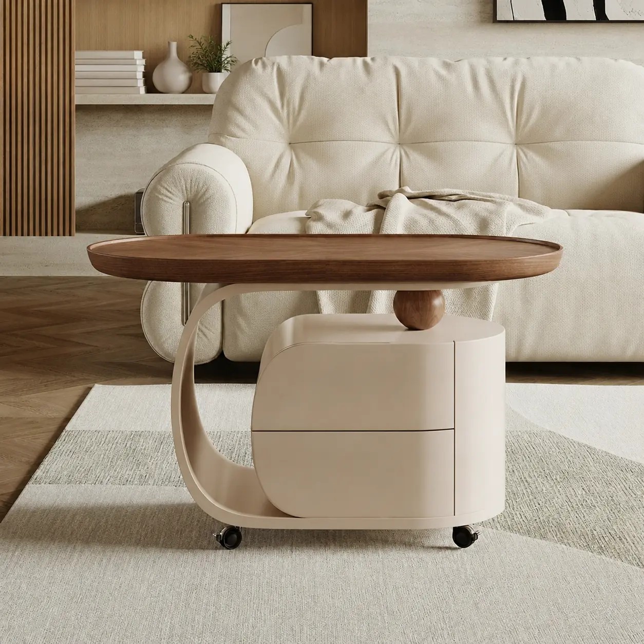 Oval Walnut Rolling End Table lifestyle 1