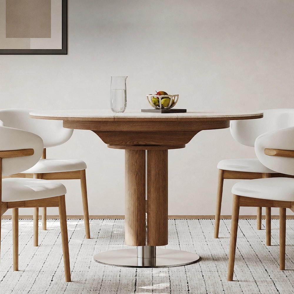 Vintage Sintered Stone & Wood Folding Dining Table, Convertible Round lifestyle 1