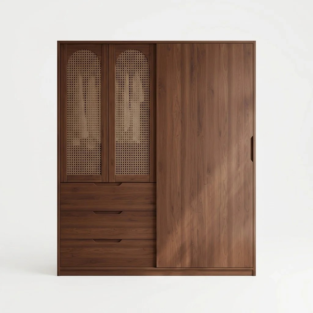 Solid Wood Wardrobe with Rattan Doors lifestyle 1