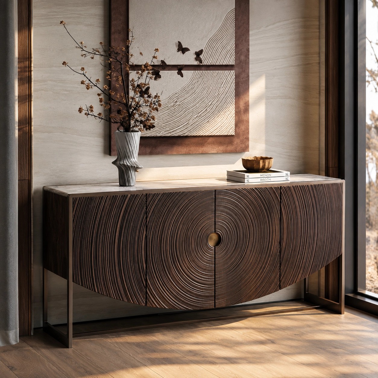 Mid‑Century Carved Tree‑Ring Sideboard lifestyle 1